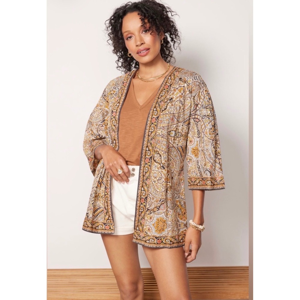 Cleobella Paisley Print Open Front Kimono Jacket Mustard Blue Boho M/L
